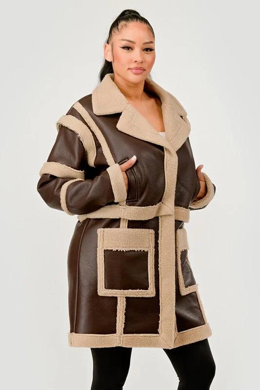 Brown Faux Leather Shearling Trim Coat