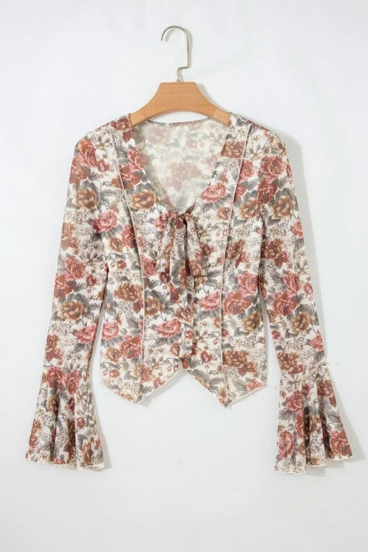 Floral Tie V-Neck Long Bell Sleeve Blouse