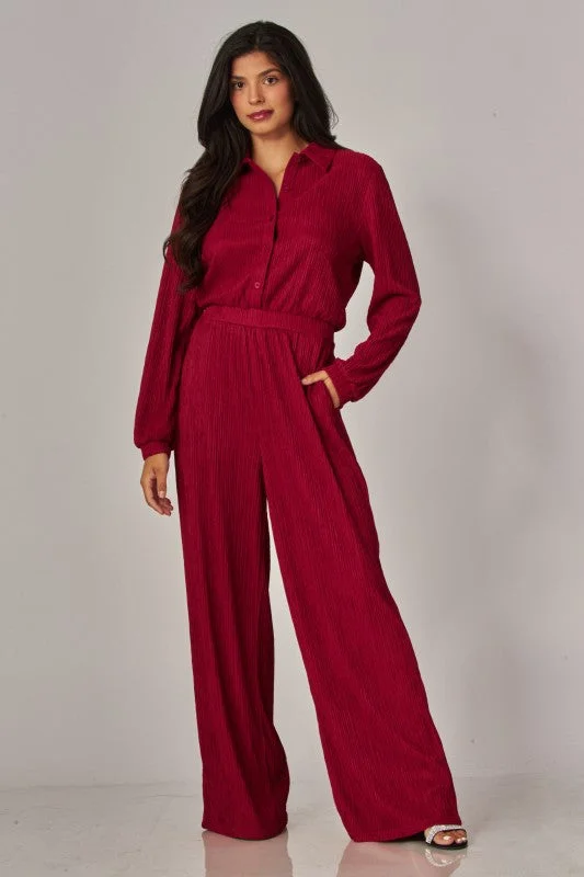 Crinkled Plisse Button Up Casual Jumpsuit
