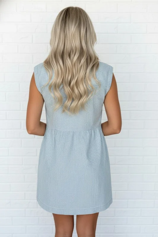 Stripe Denim Collared Buttoned Sleeveless Dress