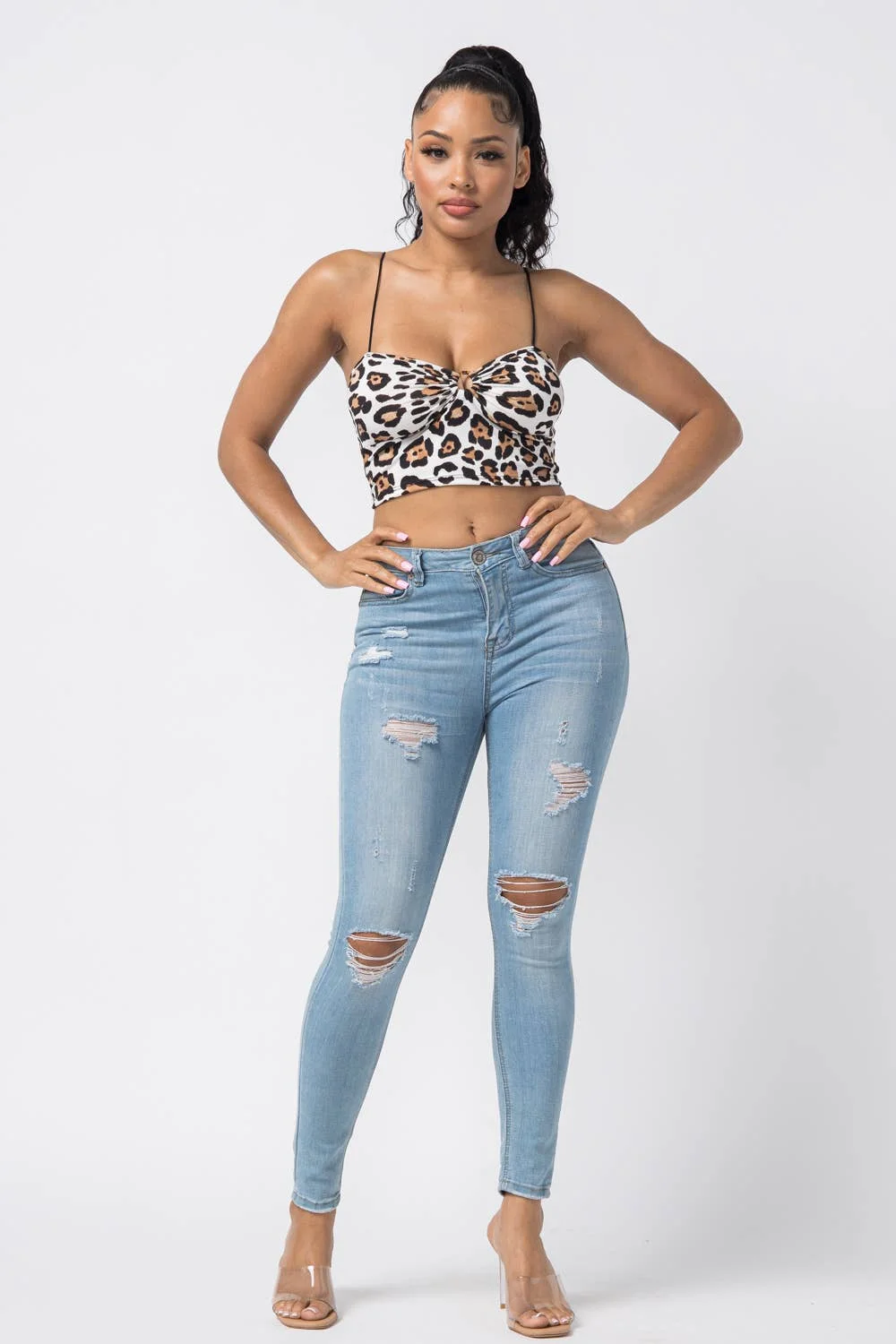 Animal Print Leopard Sleeveless O Ring Crop Top Julia by LoveJ (Ivory)