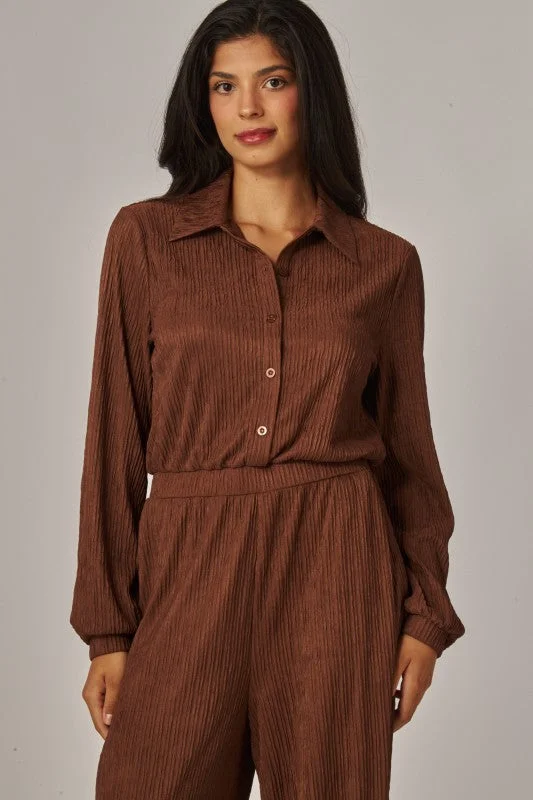 Crinkled Plisse Button Up Casual Jumpsuit