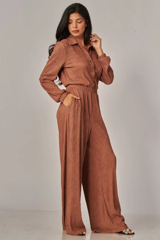Crinkled Plisse Button Up Casual Jumpsuit