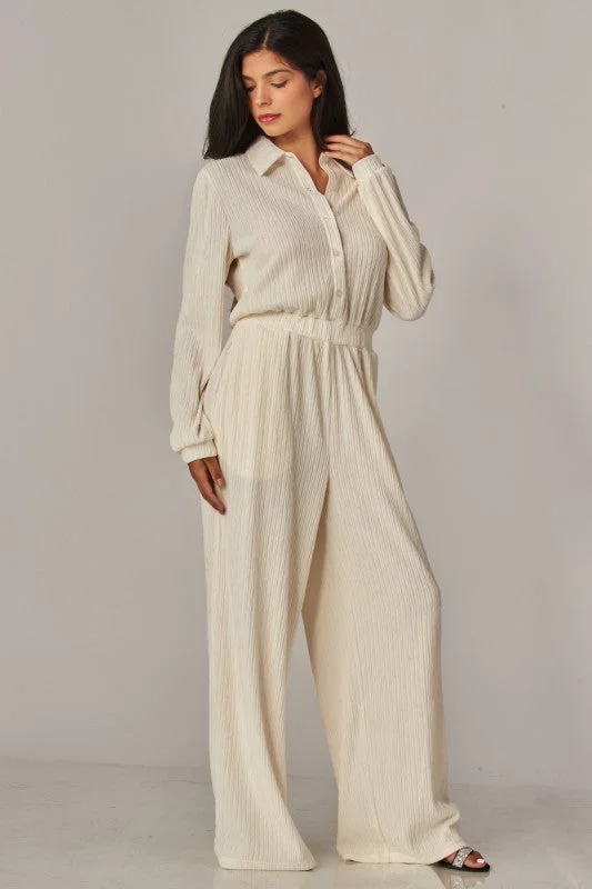 Crinkled Plisse Button Up Casual Jumpsuit