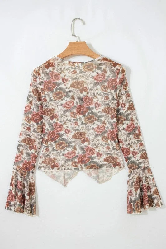 Floral Tie V-Neck Long Bell Sleeve Blouse