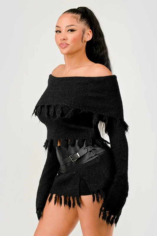 Off-Shoulder Knit Set with Faux Leather Mini Skirt
