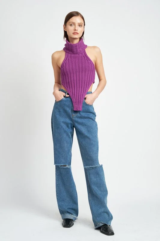 KNIT TURTLE NECK TOP BLUE AND PURPLE