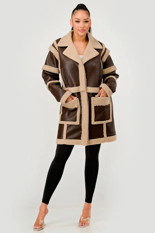 Brown Faux Leather Shearling Trim Coat