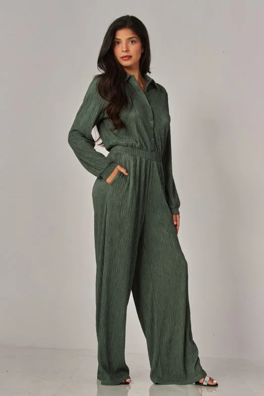 Crinkled Plisse Button Up Casual Jumpsuit