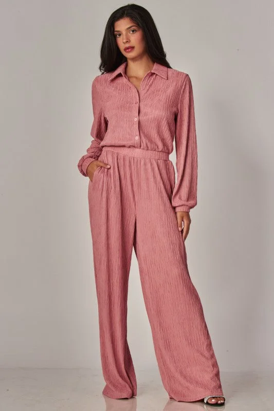 Crinkled Plisse Button Up Casual Jumpsuit