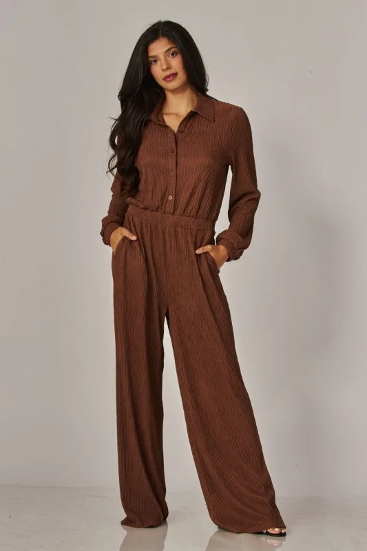 Crinkled Plisse Button Up Casual Jumpsuit