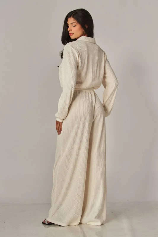 Crinkled Plisse Button Up Casual Jumpsuit