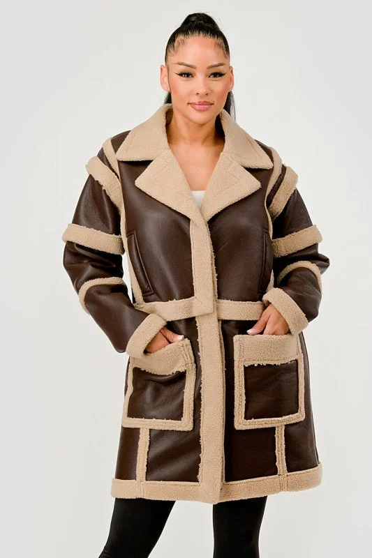 Brown Faux Leather Shearling Trim Coat