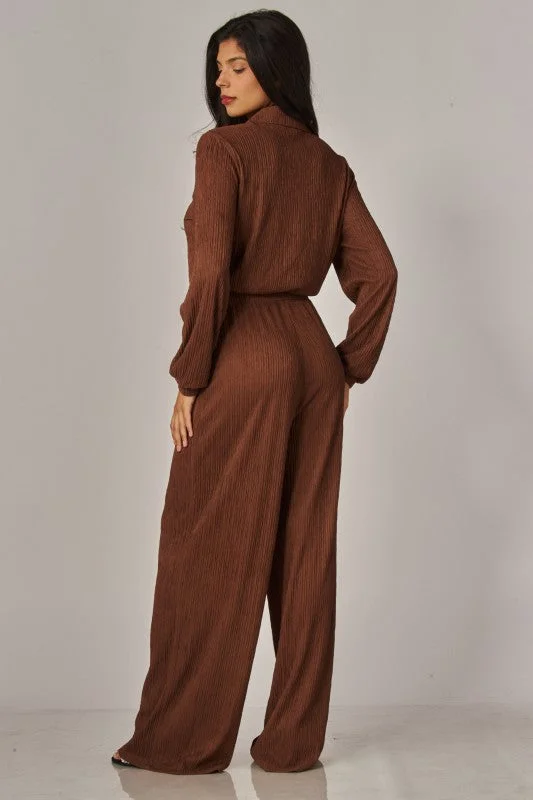 Crinkled Plisse Button Up Casual Jumpsuit