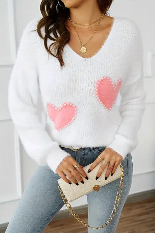 Pearl Beaded Heart Pattern Fuzzy V Neck Sweater
