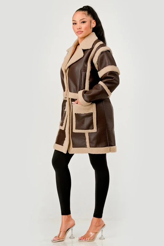 Brown Faux Leather Shearling Trim Coat