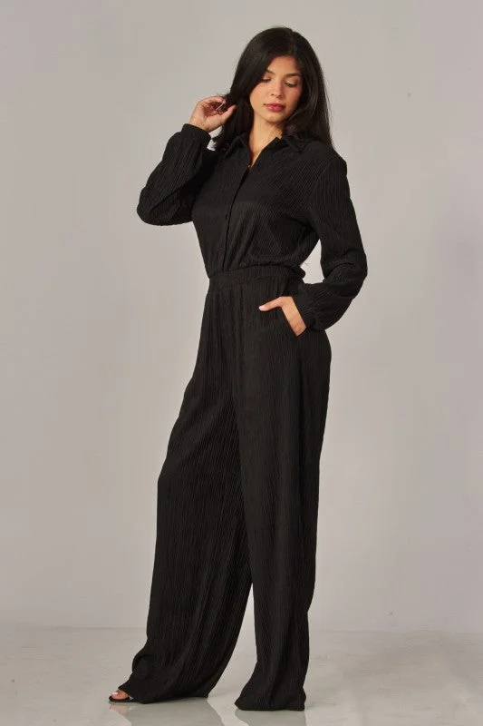 Crinkled Plisse Button Up Casual Jumpsuit