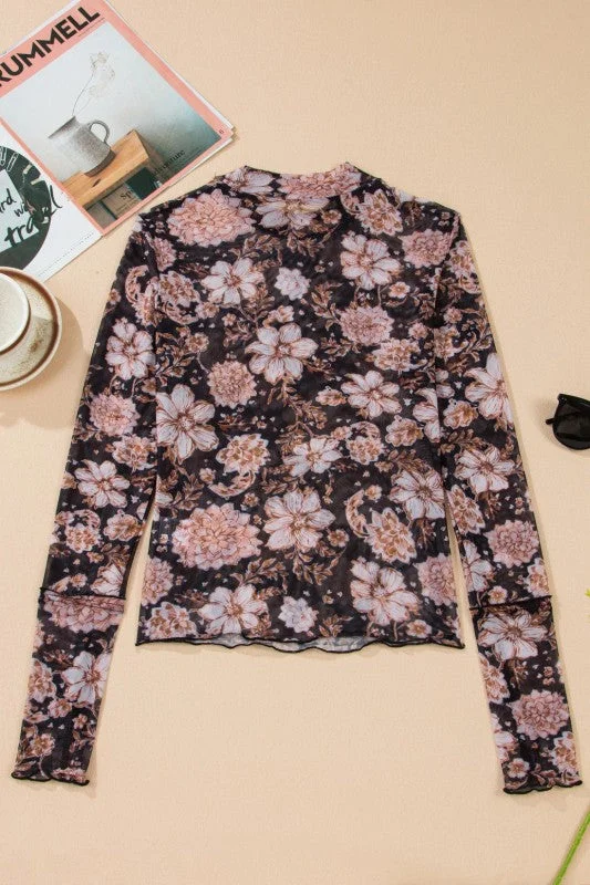 Floral Mesh Mock Neck Long Sleeve Top