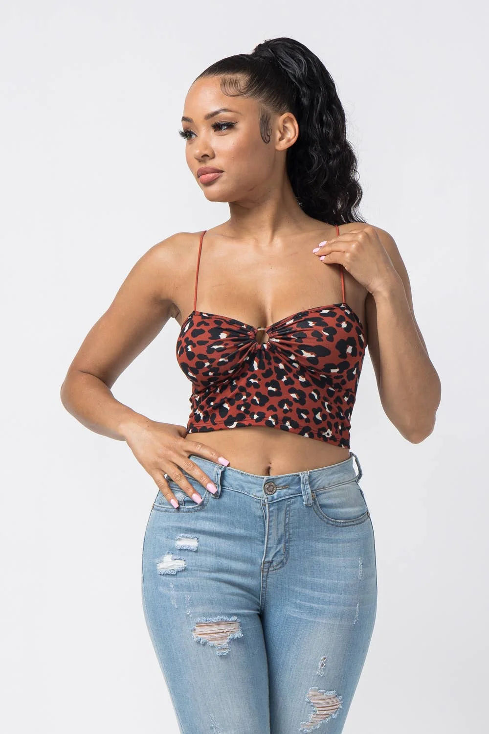 Animal Print Leopard Sleeveless O Ring Crop Top Julia by LoveJ (Ivory)