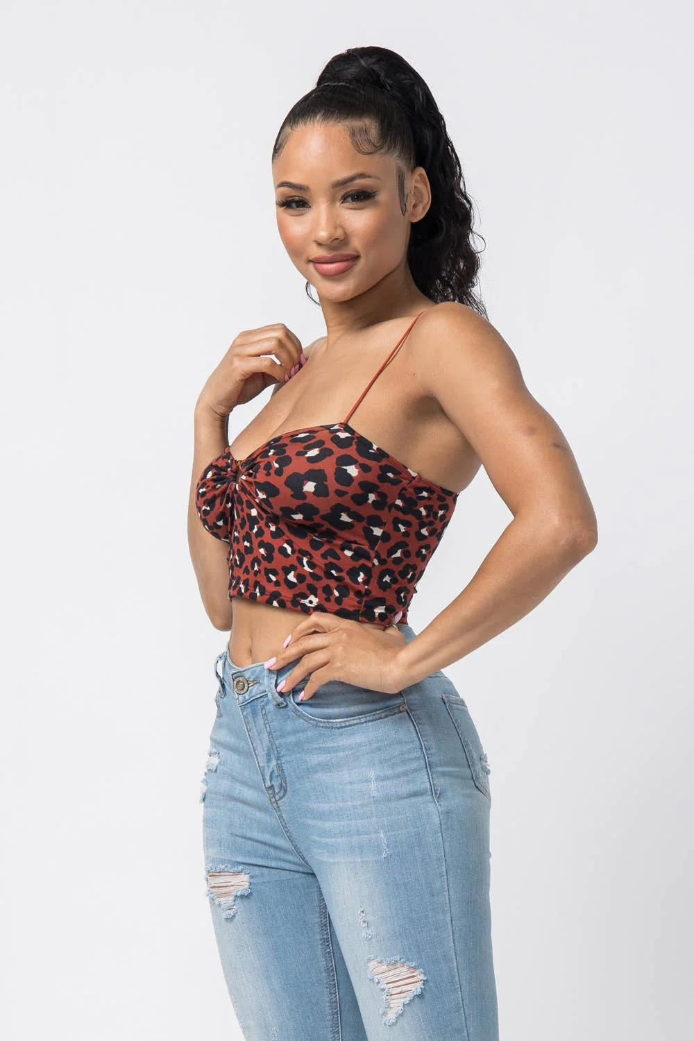 Animal Print Leopard Sleeveless O Ring Crop Top Julia by LoveJ (Ivory)