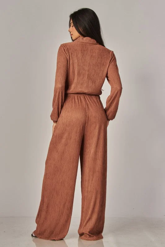 Crinkled Plisse Button Up Casual Jumpsuit