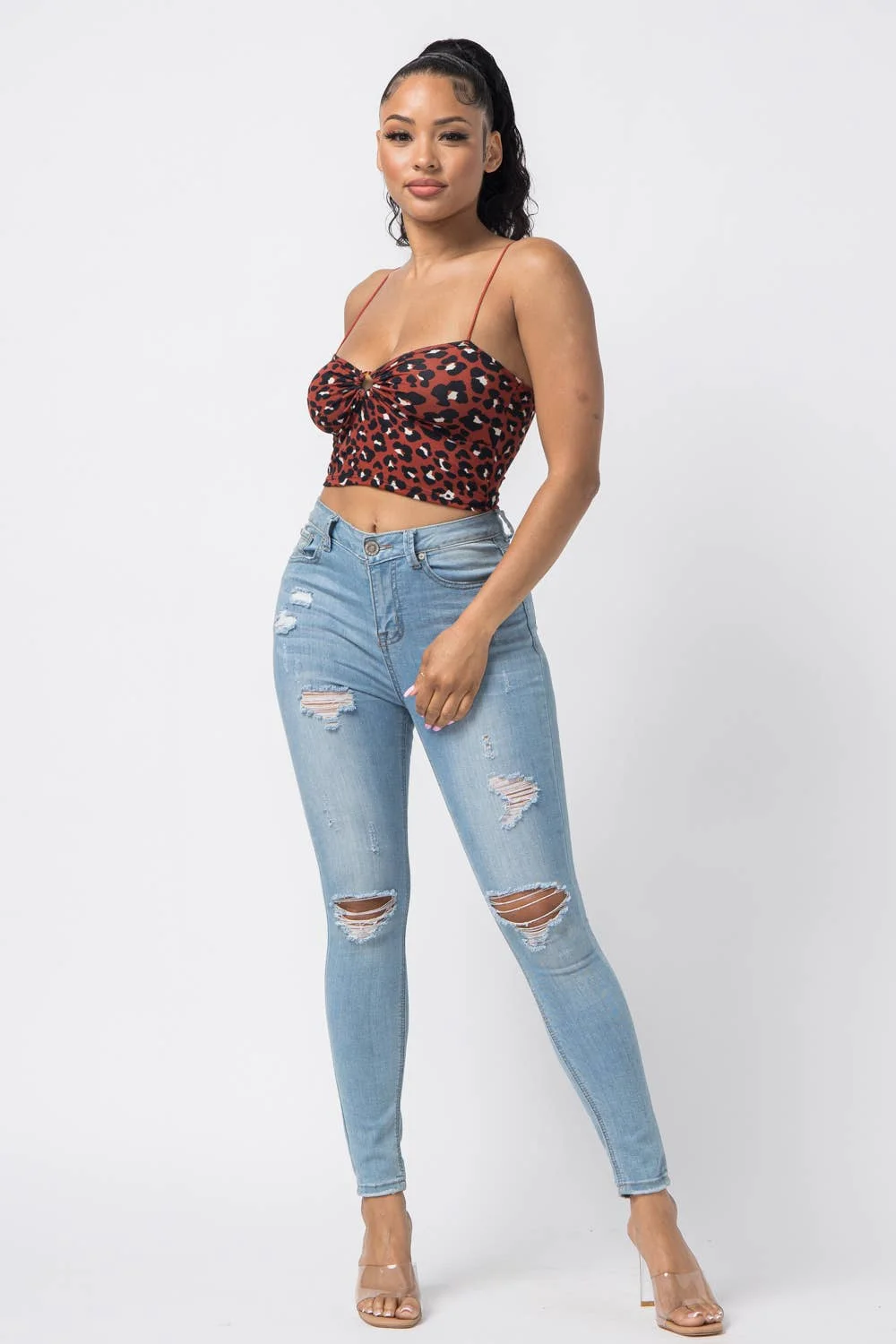 Animal Print Leopard Sleeveless O Ring Crop Top Julia by LoveJ (Ivory)