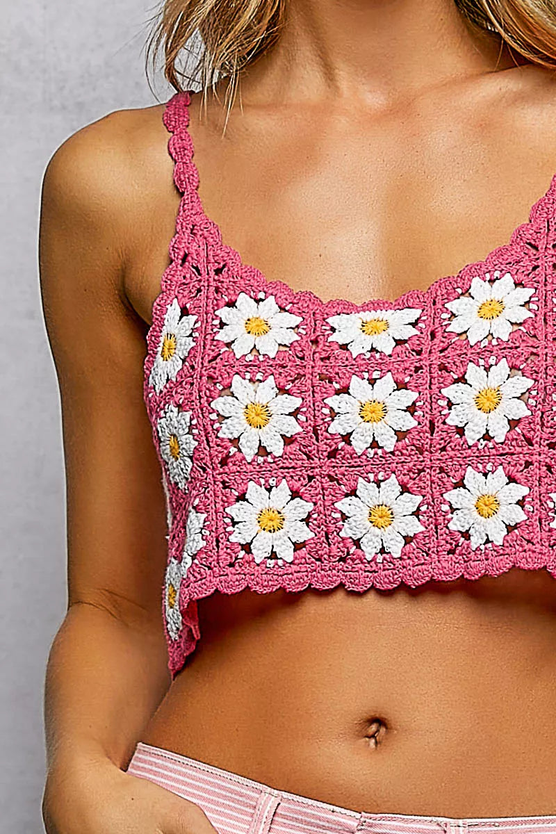 POL Floral Pattern Crochet Cropped Cami with Scalloped Edge
