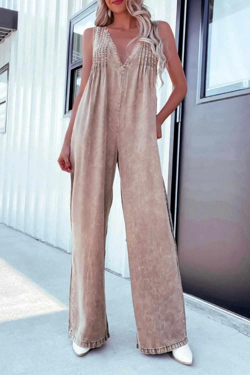 V-Neck Wide Leg Denim Jumpsuit in Khaki and Medium Wash