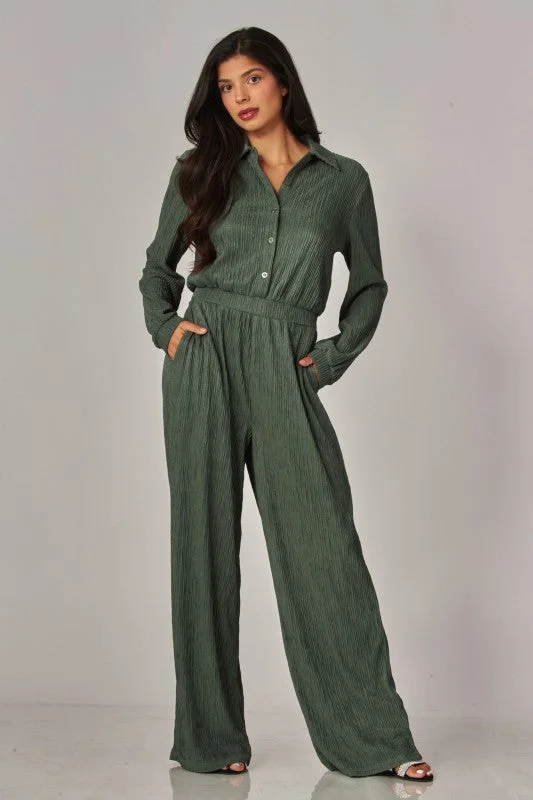 Crinkled Plisse Button Up Casual Jumpsuit