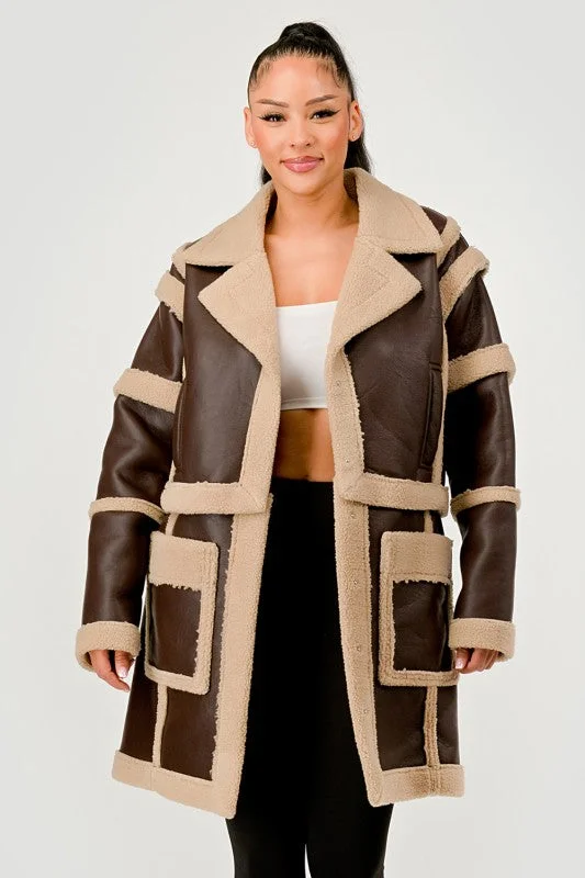 Brown Faux Leather Shearling Trim Coat