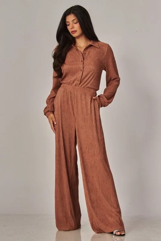 Crinkled Plisse Button Up Casual Jumpsuit