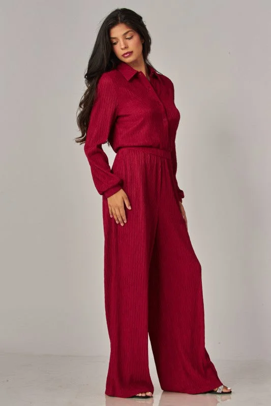 Crinkled Plisse Button Up Casual Jumpsuit