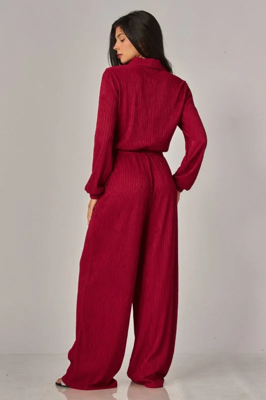 Crinkled Plisse Button Up Casual Jumpsuit