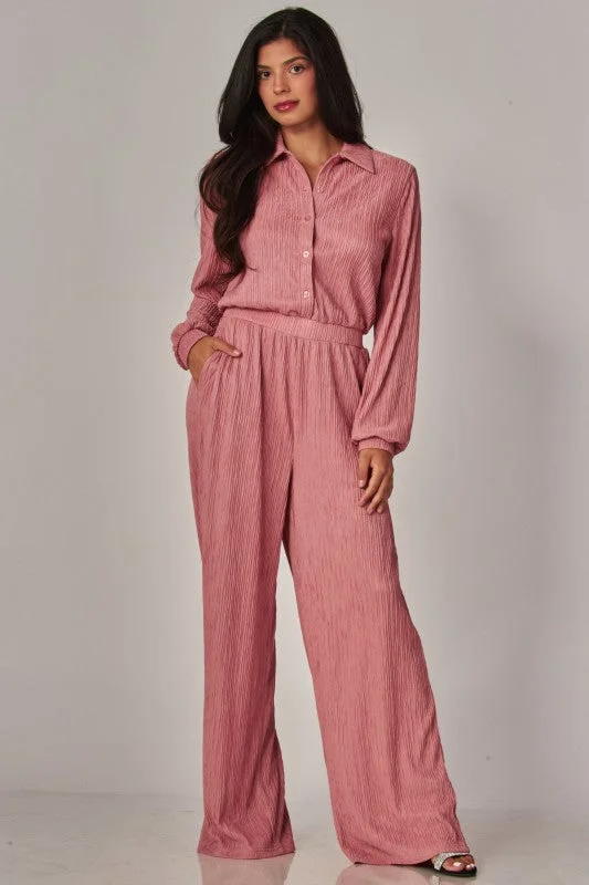 Crinkled Plisse Button Up Casual Jumpsuit