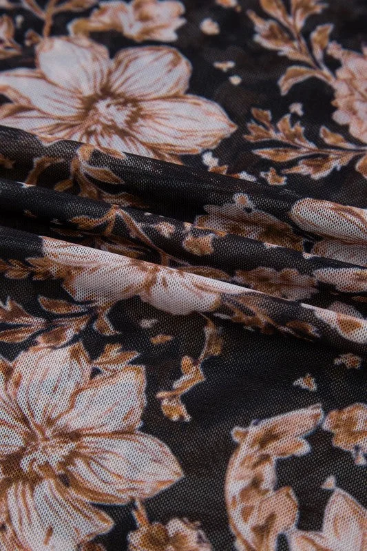 Floral Mesh Mock Neck Long Sleeve Top