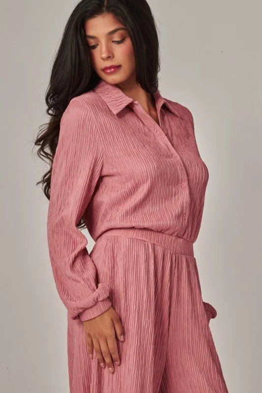 Crinkled Plisse Button Up Casual Jumpsuit