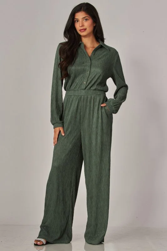 Crinkled Plisse Button Up Casual Jumpsuit