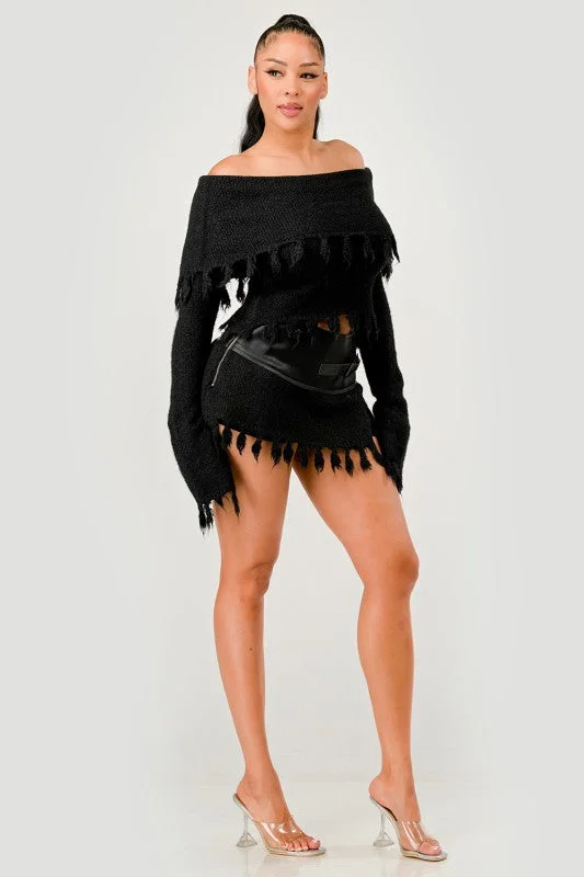 Off-Shoulder Knit Set with Faux Leather Mini Skirt