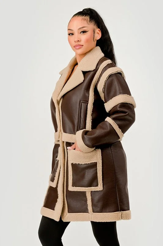 Brown Faux Leather Shearling Trim Coat