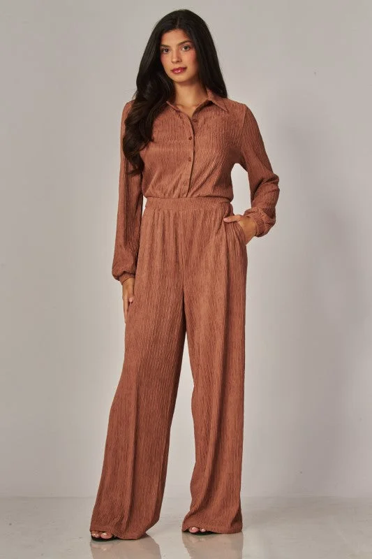 Crinkled Plisse Button Up Casual Jumpsuit