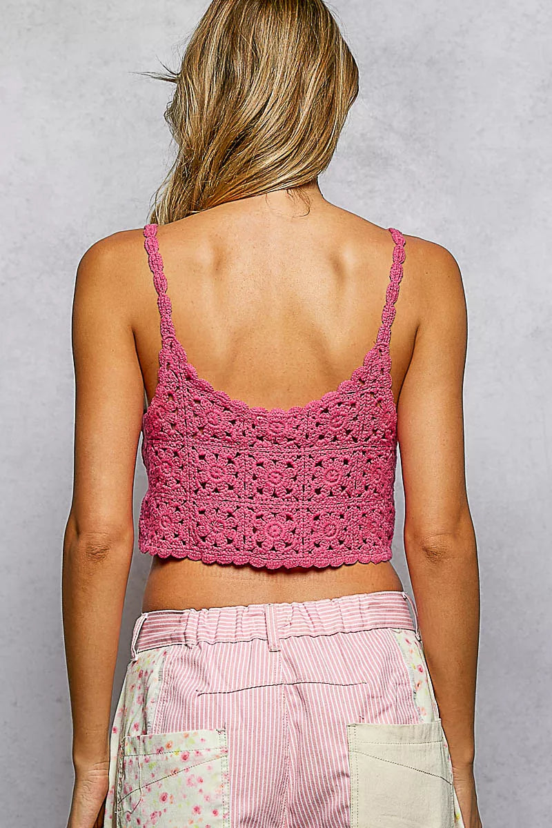 POL Floral Pattern Crochet Cropped Cami with Scalloped Edge