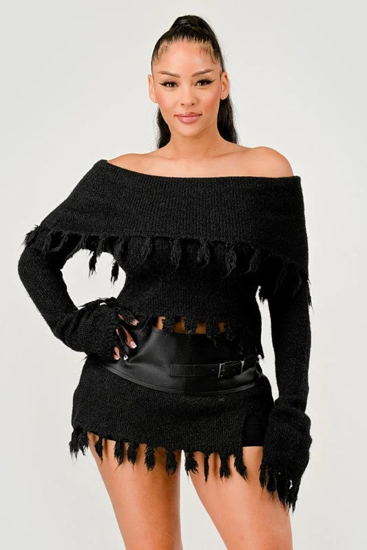 Off-Shoulder Knit Set with Faux Leather Mini Skirt