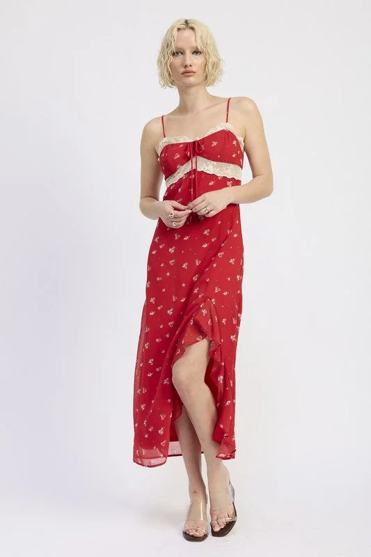 SPAGHETTIE STRAP RUFFLE MAXI DRESS