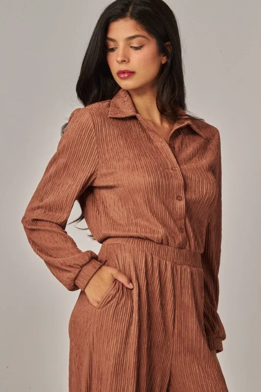 Crinkled Plisse Button Up Casual Jumpsuit