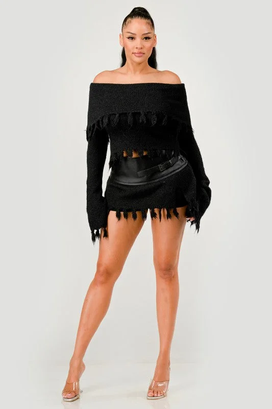 Off-Shoulder Knit Set with Faux Leather Mini Skirt