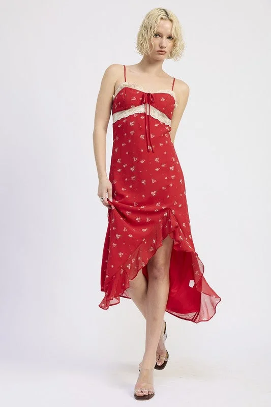 SPAGHETTIE STRAP RUFFLE MAXI DRESS