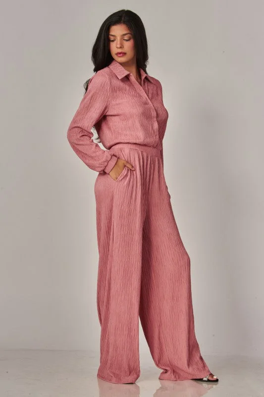 Crinkled Plisse Button Up Casual Jumpsuit
