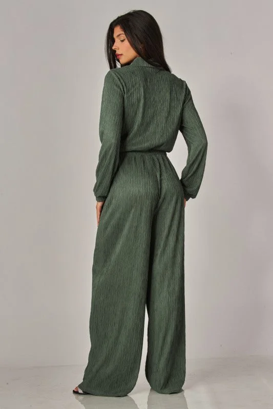 Crinkled Plisse Button Up Casual Jumpsuit