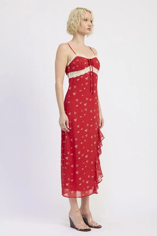SPAGHETTIE STRAP RUFFLE MAXI DRESS