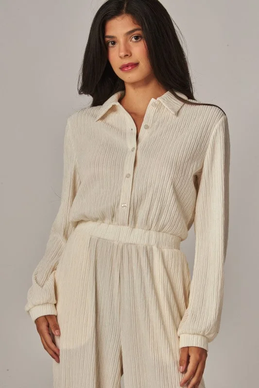 Crinkled Plisse Button Up Casual Jumpsuit